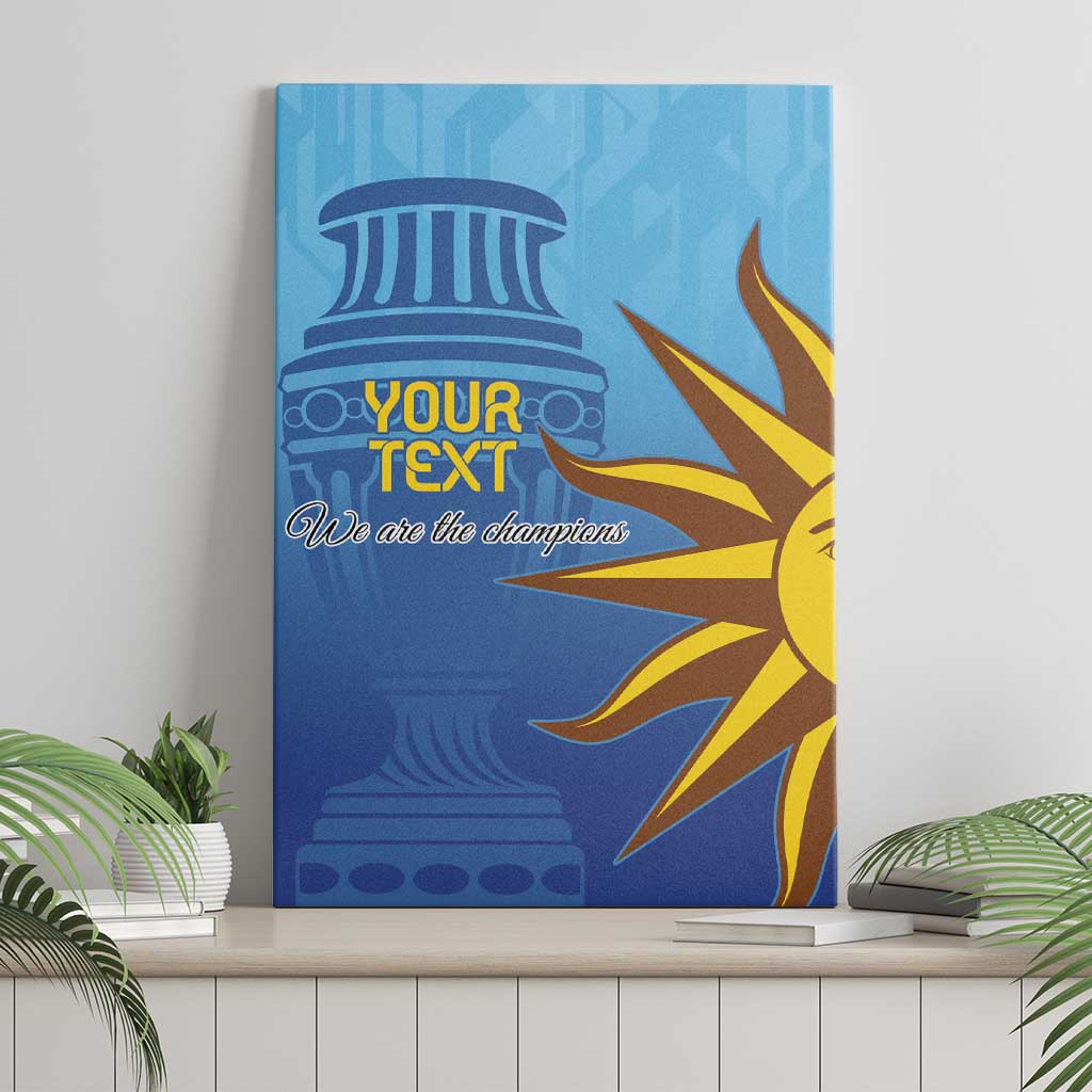 Blue canvas wall art on shelf with column and sunburst graphic and custom text