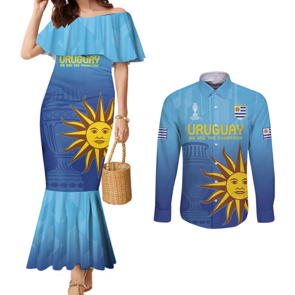 Custom Uruguay La Celeste Football Couples Matching Mermaid Dress and Long Sleeve Button Shirt Go Champions 2024