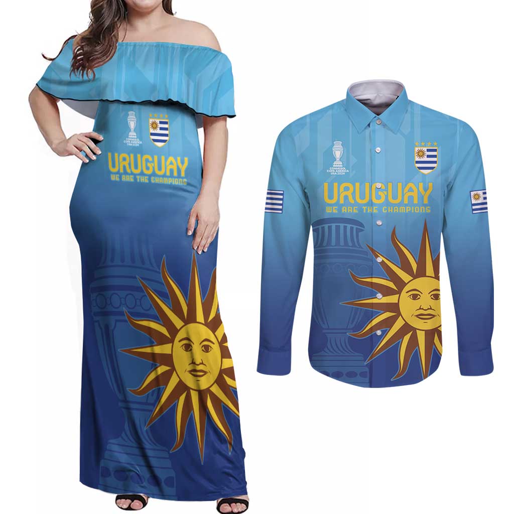 Custom Uruguay La Celeste Football Couples Matching Off Shoulder Maxi Dress and Long Sleeve Button Shirt Go Champions 2024 LT9 - Wonder Print Shop