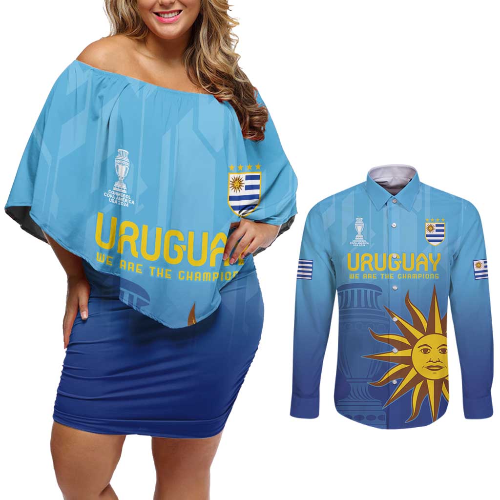 Custom Uruguay La Celeste Football Couples Matching Off Shoulder Short Dress and Long Sleeve Button Shirt Go Champions 2024 LT9 - Wonder Print Shop