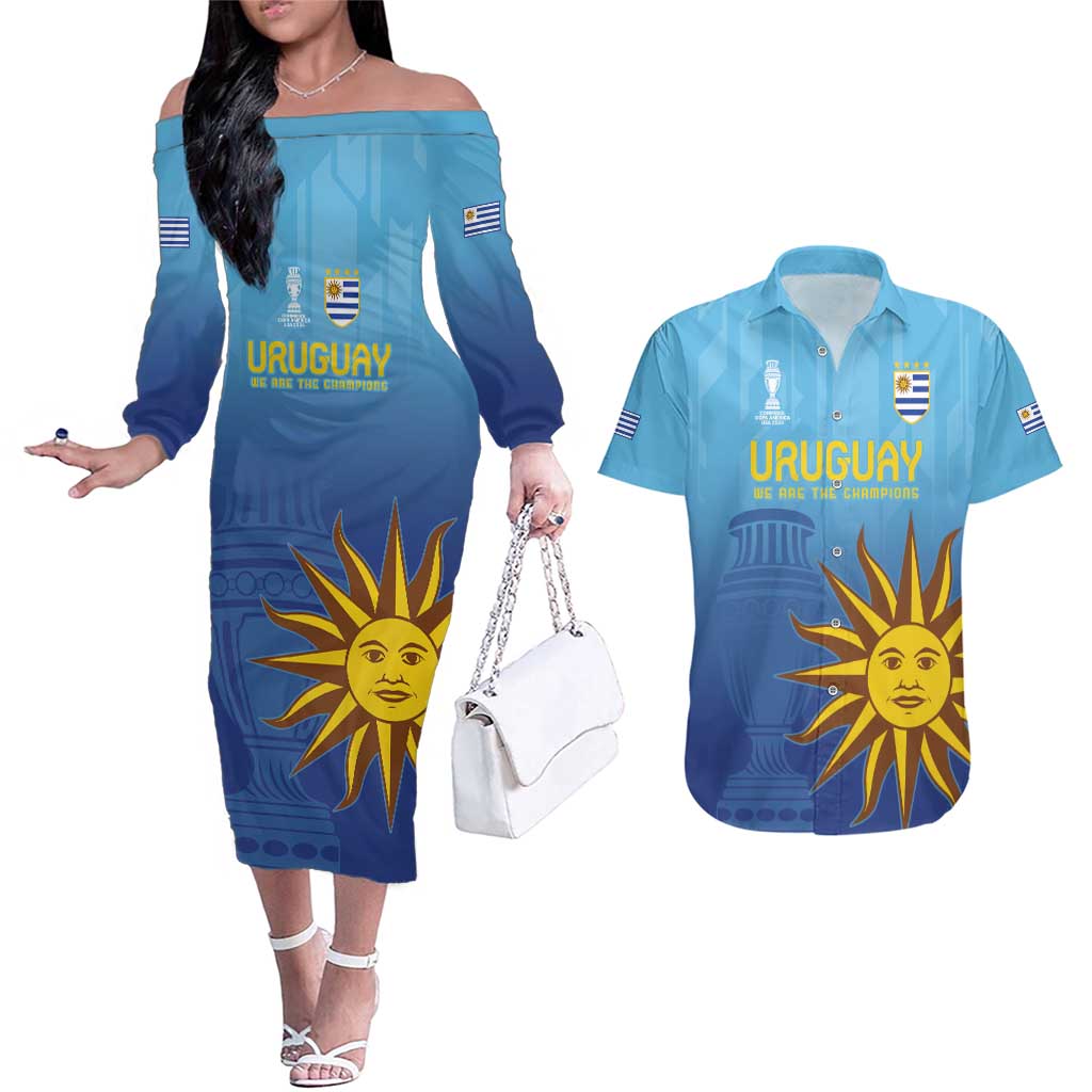 Custom Uruguay La Celeste Football Couples Matching Off The Shoulder Long Sleeve Dress and Hawaiian Shirt Go Champions 2024 LT9 - Wonder Print Shop