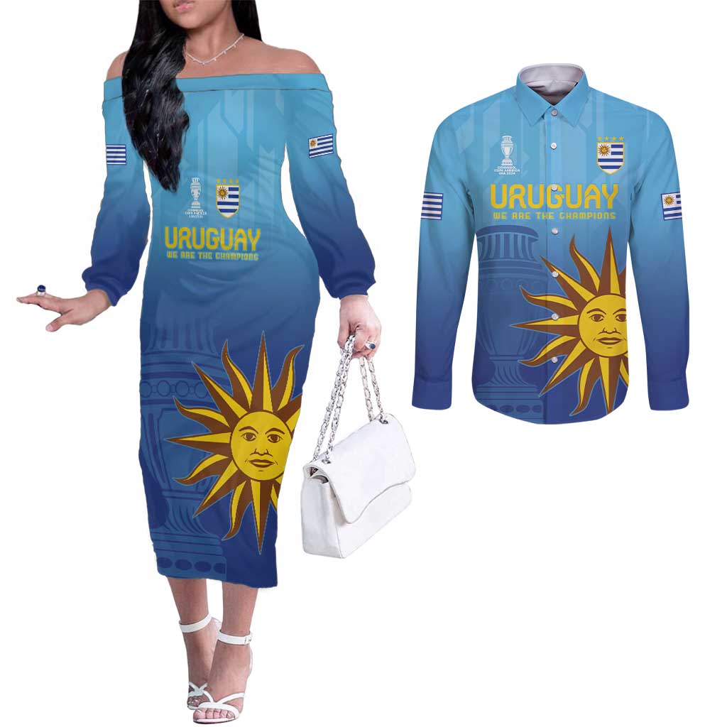 Custom Uruguay La Celeste Football Couples Matching Off The Shoulder Long Sleeve Dress and Long Sleeve Button Shirt Go Champions 2024