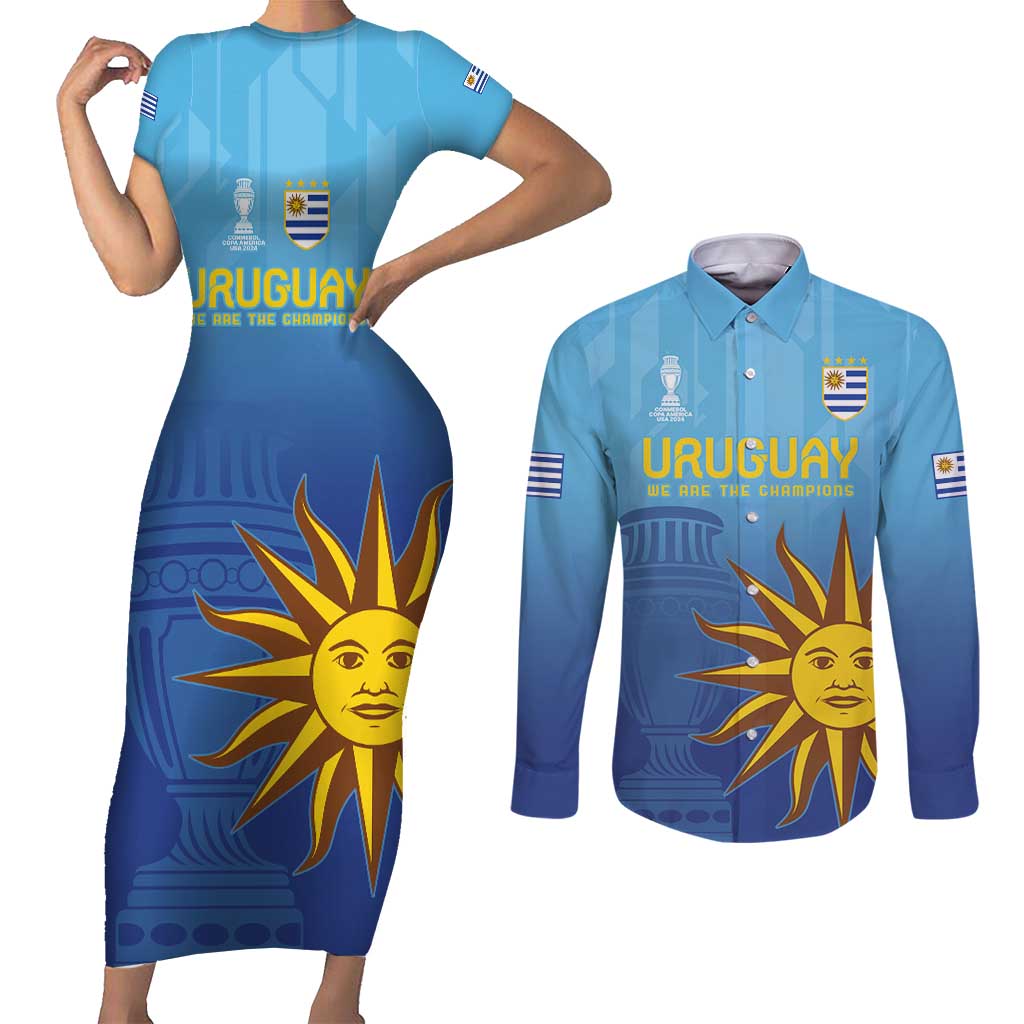 Custom Uruguay La Celeste Football Couples Matching Short Sleeve Bodycon Dress and Long Sleeve Button Shirt Go Champions 2024 LT9 - Wonder Print Shop