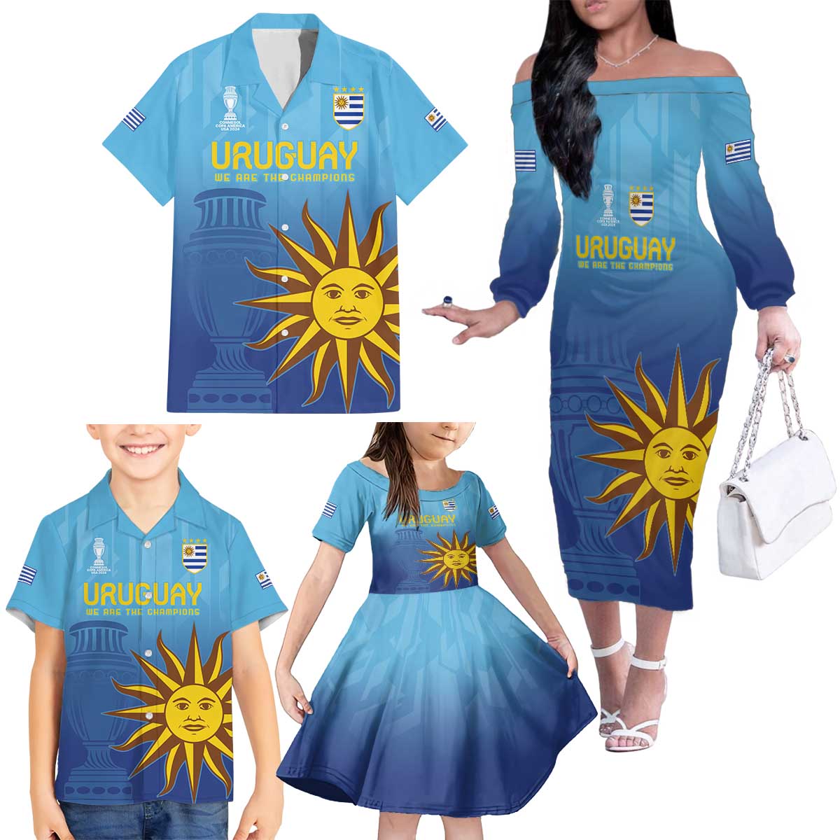 Custom Uruguay La Celeste Football Family Matching Off The Shoulder Long Sleeve Dress and Hawaiian Shirt Go Champions 2024 - Wonder Print Shop