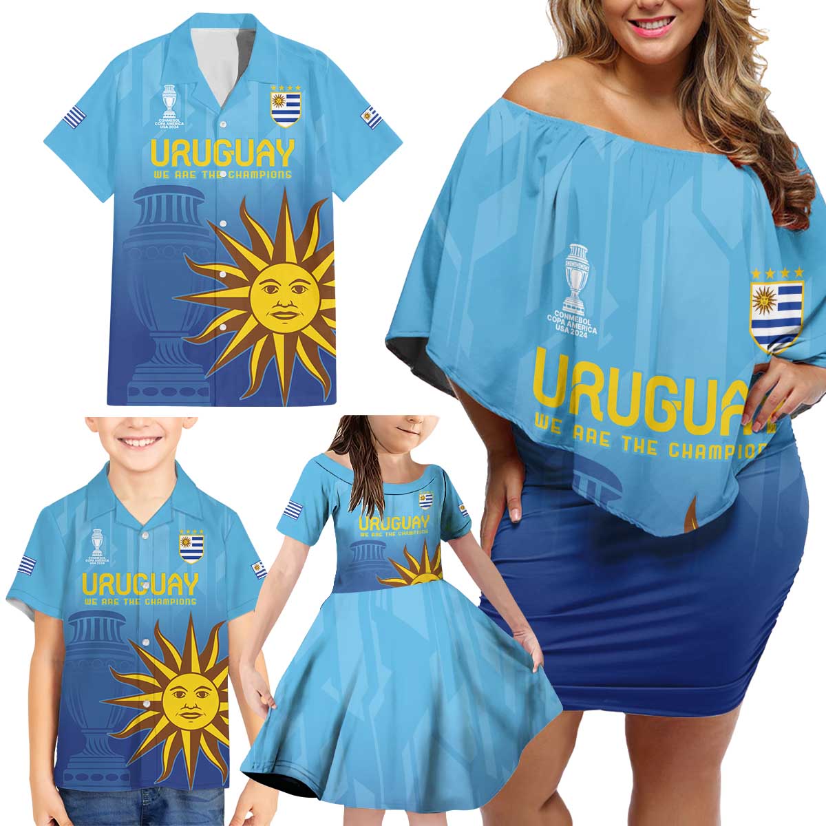 Custom Uruguay La Celeste Football Family Matching Off Shoulder Short Dress and Hawaiian Shirt Go Champions 2024 LT9 - Wonder Print Shop