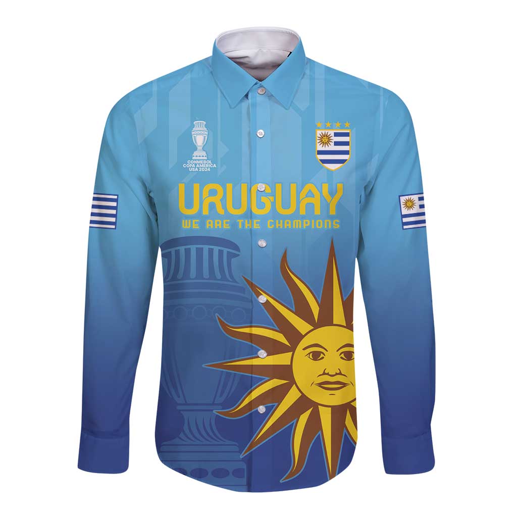 Light blue long-sleeve button football shirt with front Uruguay crest and sun graphic