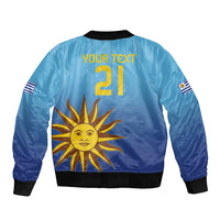 Light blue satin bomber jacket back with YOUR TEXT 21 and sun graphic