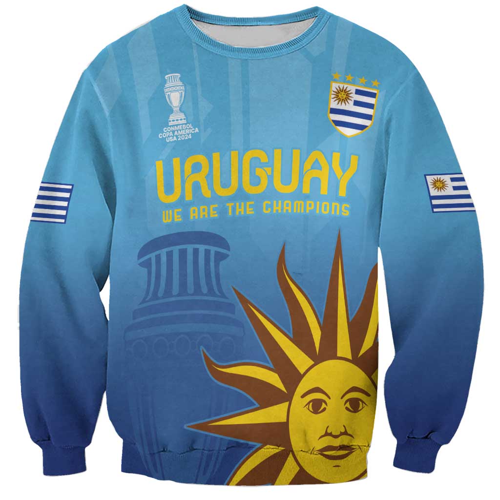 Blue Uruguay football sweatshirt with Champions 2024 graphic, crew neck and long sleeves