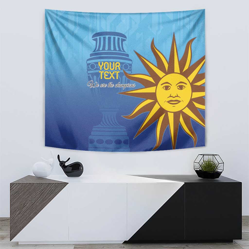 Blue football tapestry with custom text, sun mascot, and trophy emblem