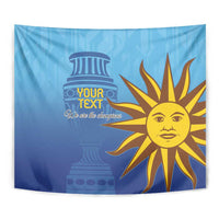 Blue football tapestry close-up with custom text, sun mascot face, and trophy emblem
