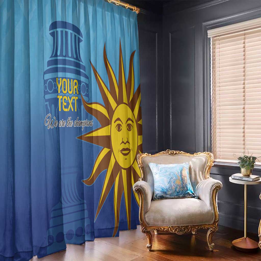 Blue Uruguay football window curtain set with custom text and sun face graphic on one panel