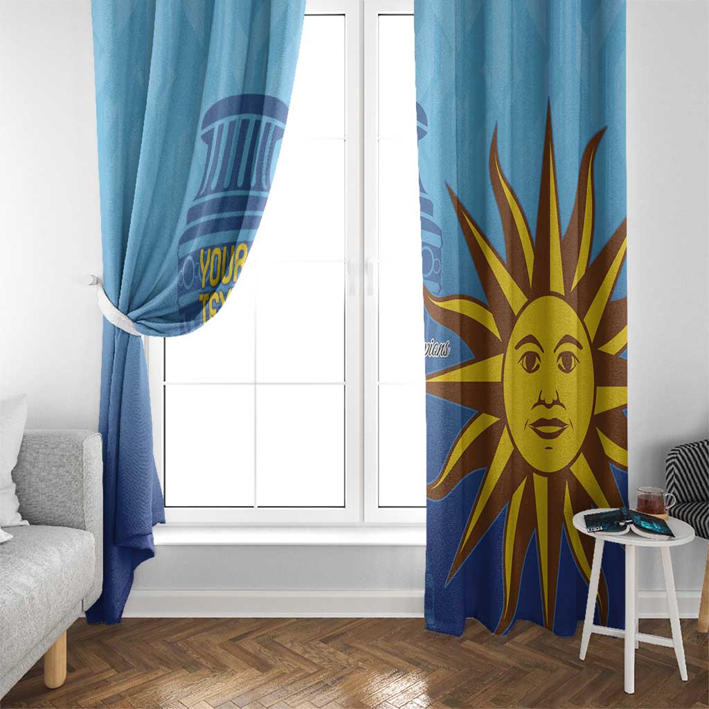 Blue Uruguay football window curtains with custom text and sun face artwork, double panel