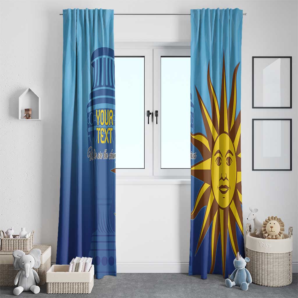 Blue Uruguay football window curtain pair with custom text and large sun face graphic