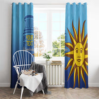 Blue Uruguay football window curtain set with custom text and sun face graphic, gathered top