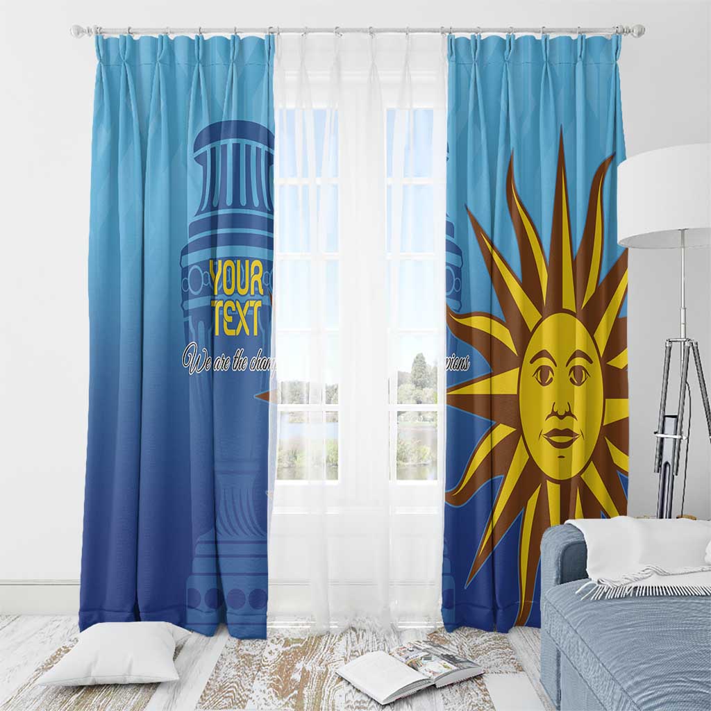 Blue Uruguay football window curtains with hanging hooks, custom text and sun face artwork