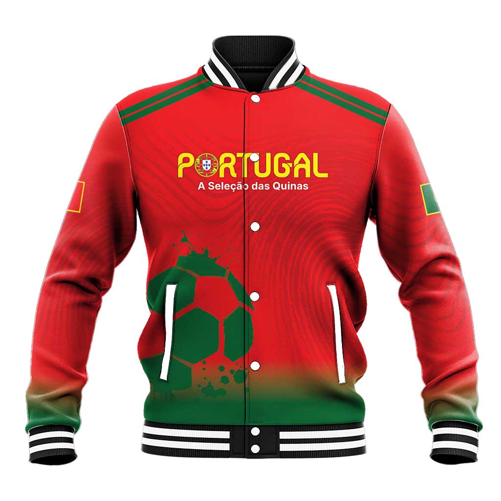 Red Portugal varsity baseball jacket with green sleeve stripes and ribbed black collar
