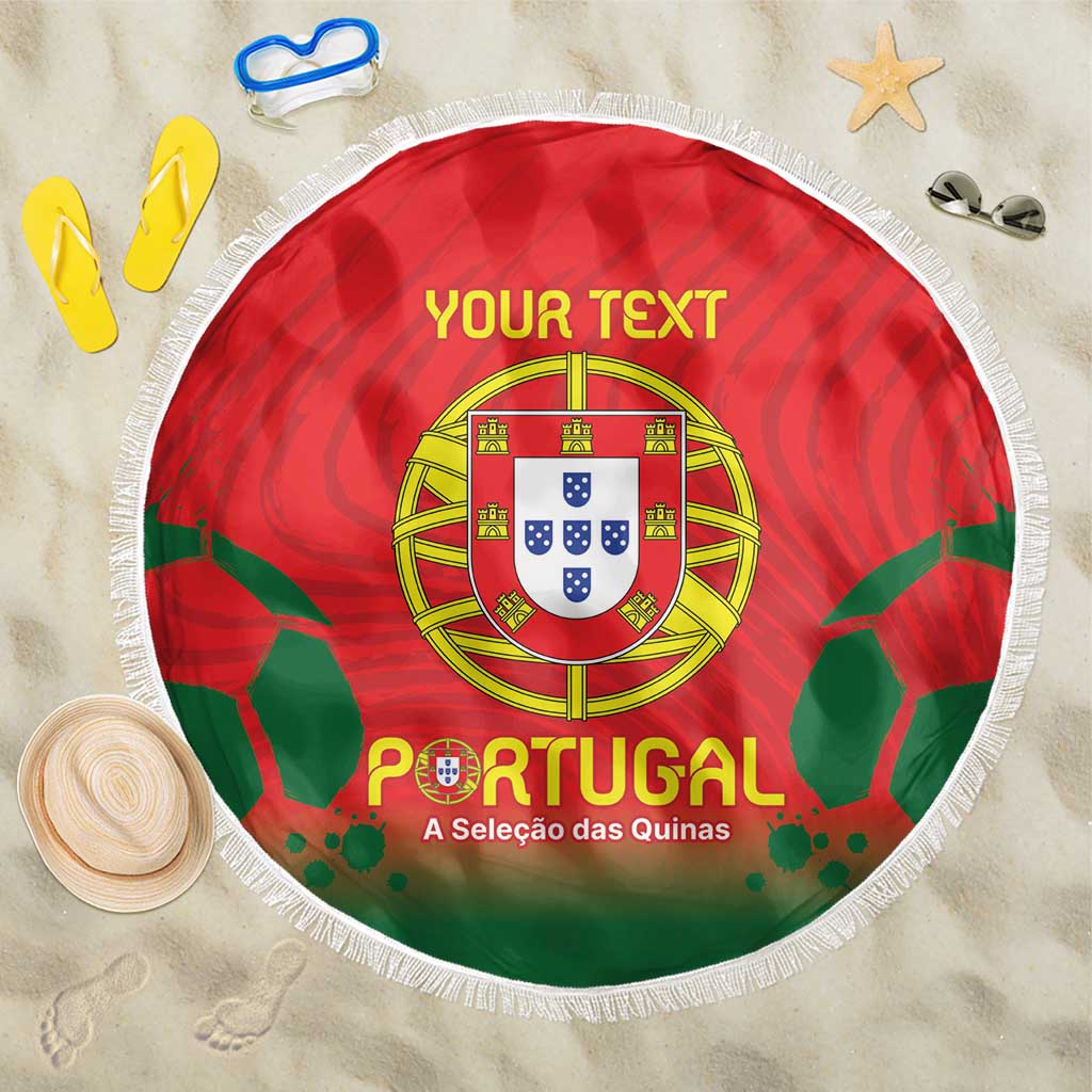 Red round Portugal beach blanket with fringe edge, crest and 'YOUR TEXT' center