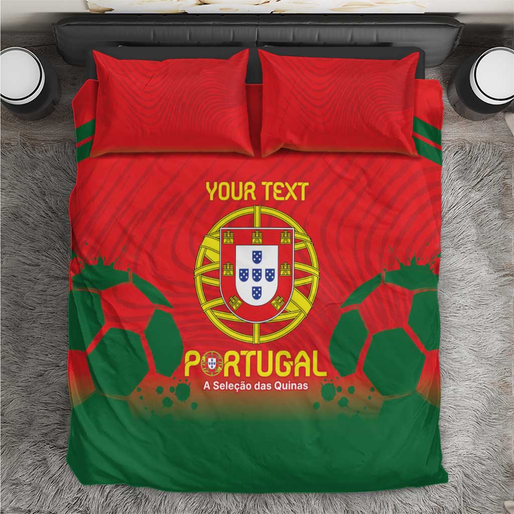 Portugal-themed bedding set, red top and green bottom with crest and custom text, two pillows