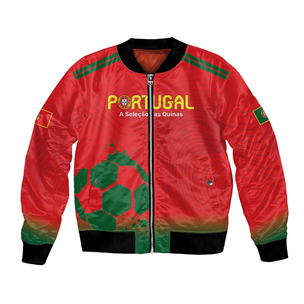Red bomber jacket with green trim, black ribbed cuffs; front zipper and Portugal logo print