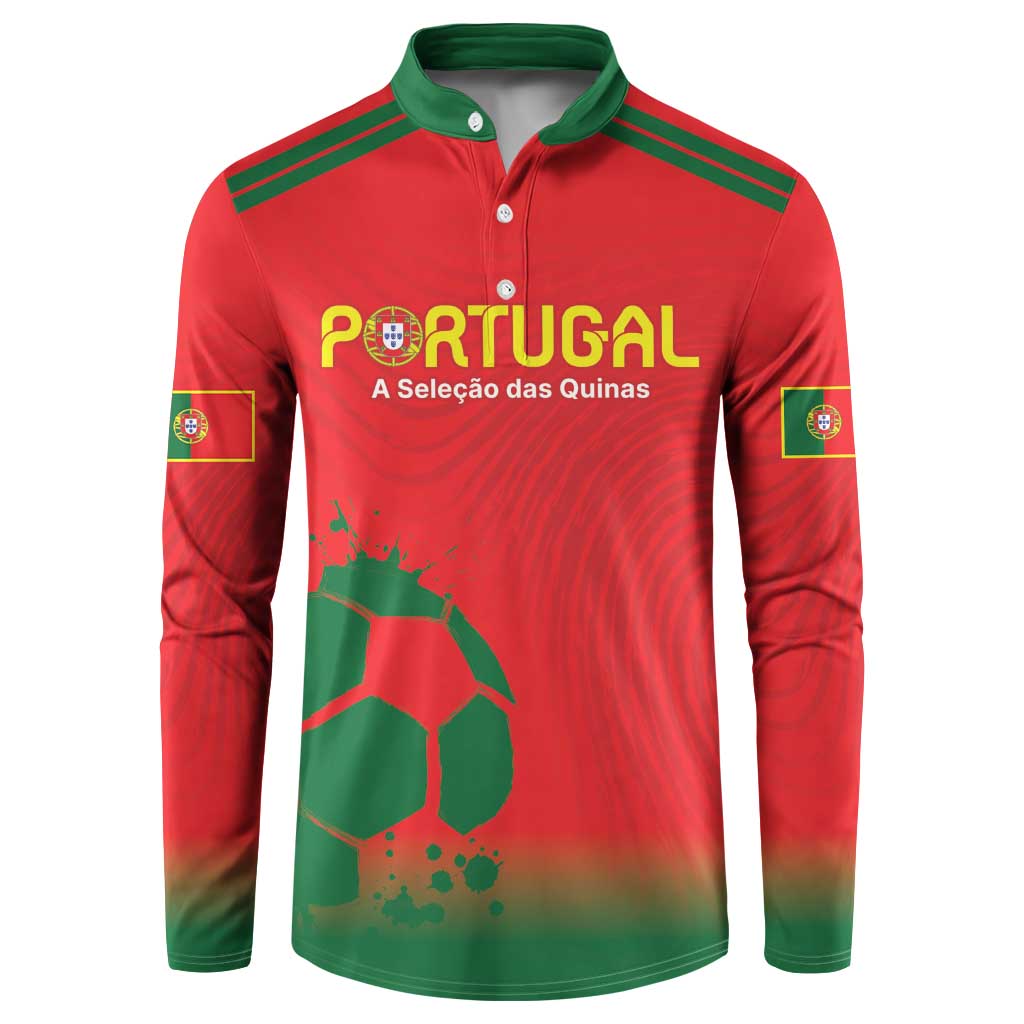 Red Portugal football sweatshirt with button placket, green collar, and front crest graphic