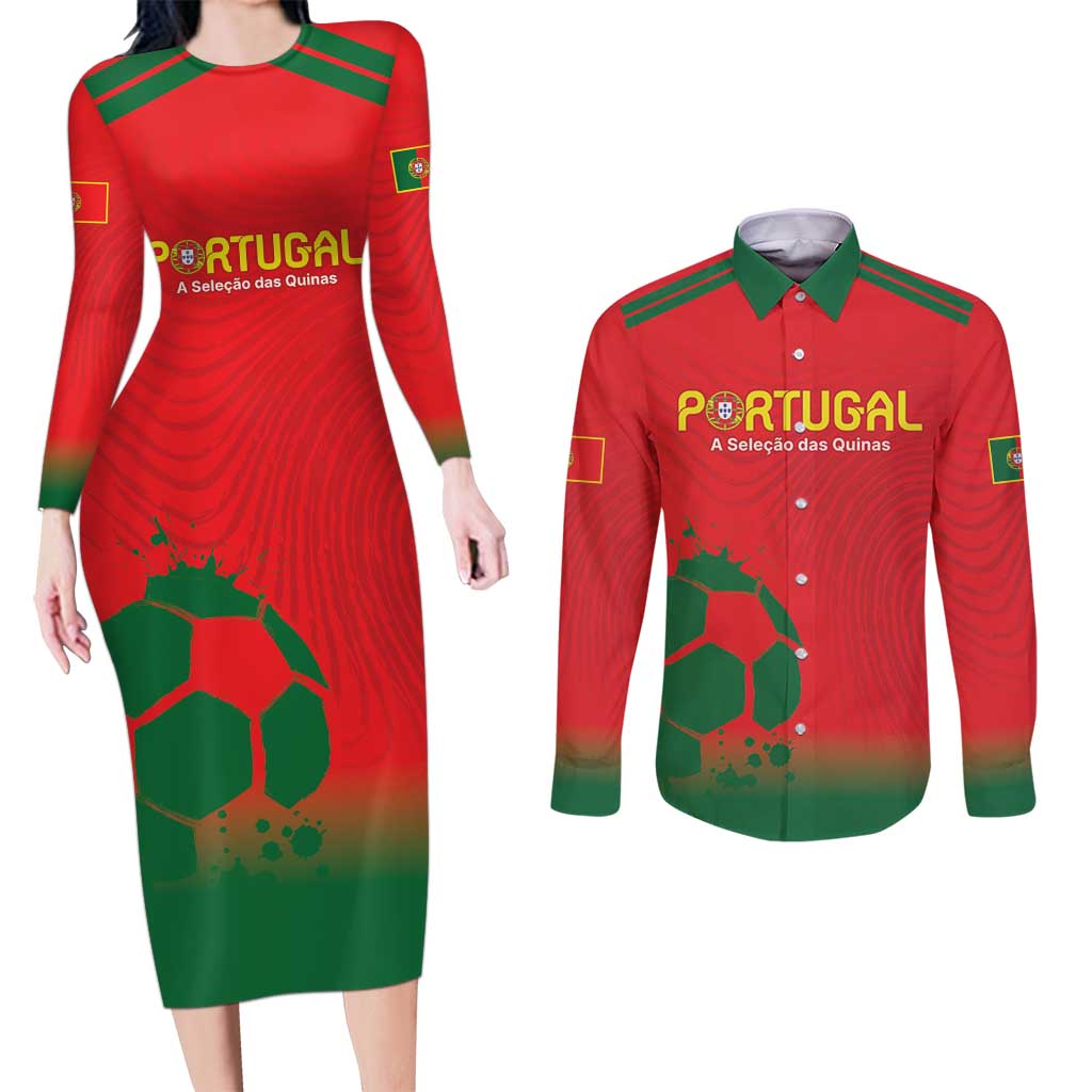 Custom Portugal Football Couples Matching Long Sleeve Bodycon Dress and Long Sleeve Button Shirt Come On A Selecao das Quinas LT9 - Wonder Print Shop