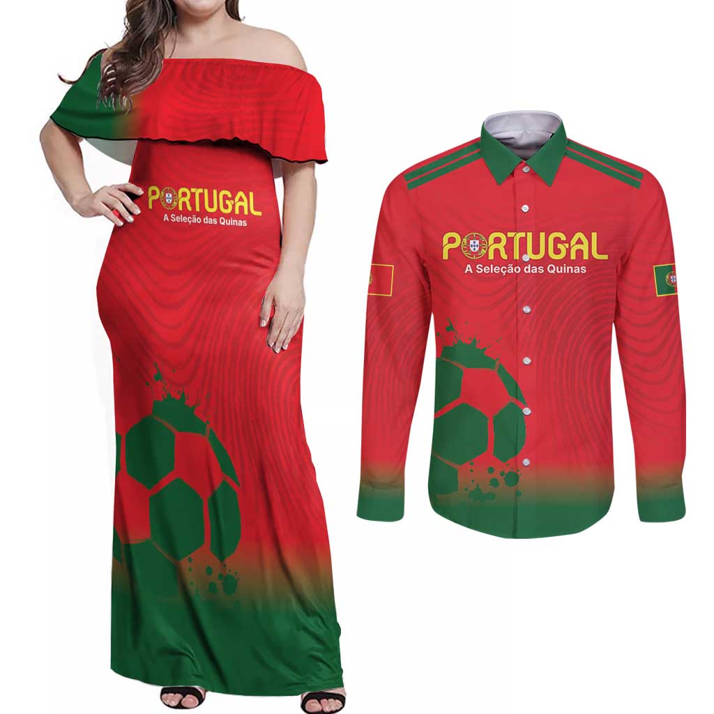 Custom Portugal Football Couples Matching Off Shoulder Maxi Dress and Long Sleeve Button Shirt Come On A Selecao das Quinas LT9 - Wonder Print Shop