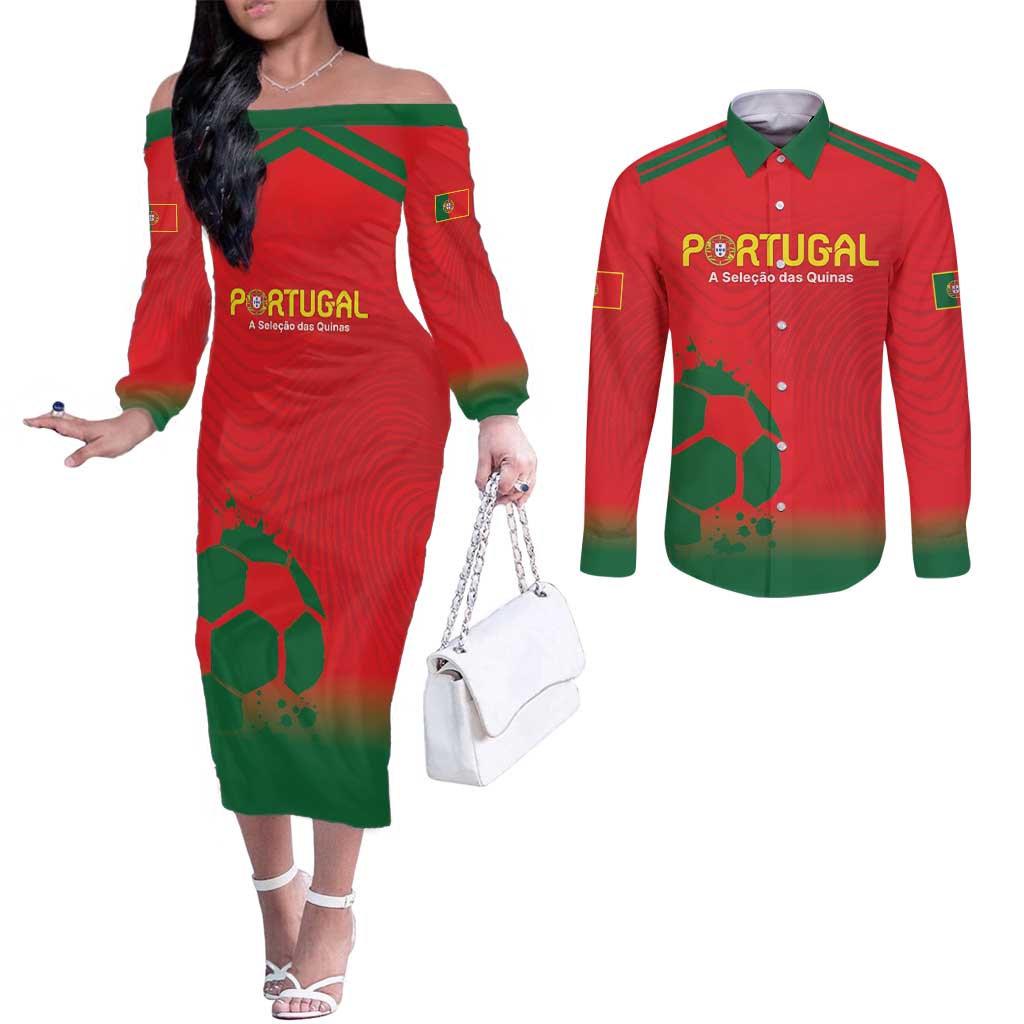 Custom Portugal Football Couples Matching Off The Shoulder Long Sleeve Dress and Long Sleeve Button Shirt Come On A Selecao das Quinas