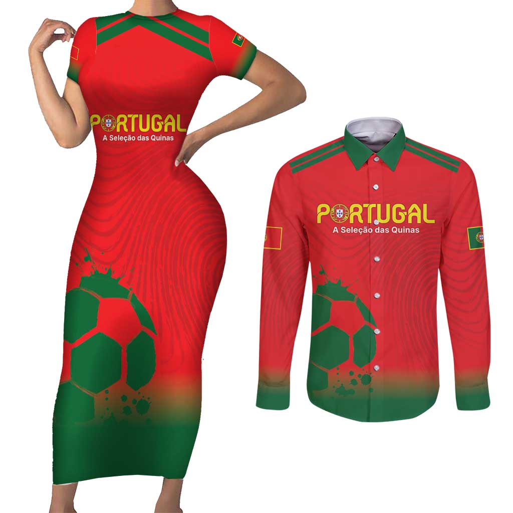 Custom Portugal Football Couples Matching Short Sleeve Bodycon Dress and Long Sleeve Button Shirt Come On A Selecao das Quinas LT9 - Wonder Print Shop