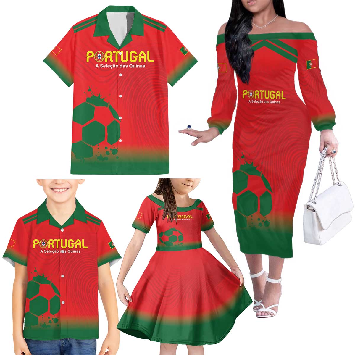 Custom Portugal Football Family Matching Off The Shoulder Long Sleeve Dress and Hawaiian Shirt Come On A Selecao das Quinas - Wonder Print Shop