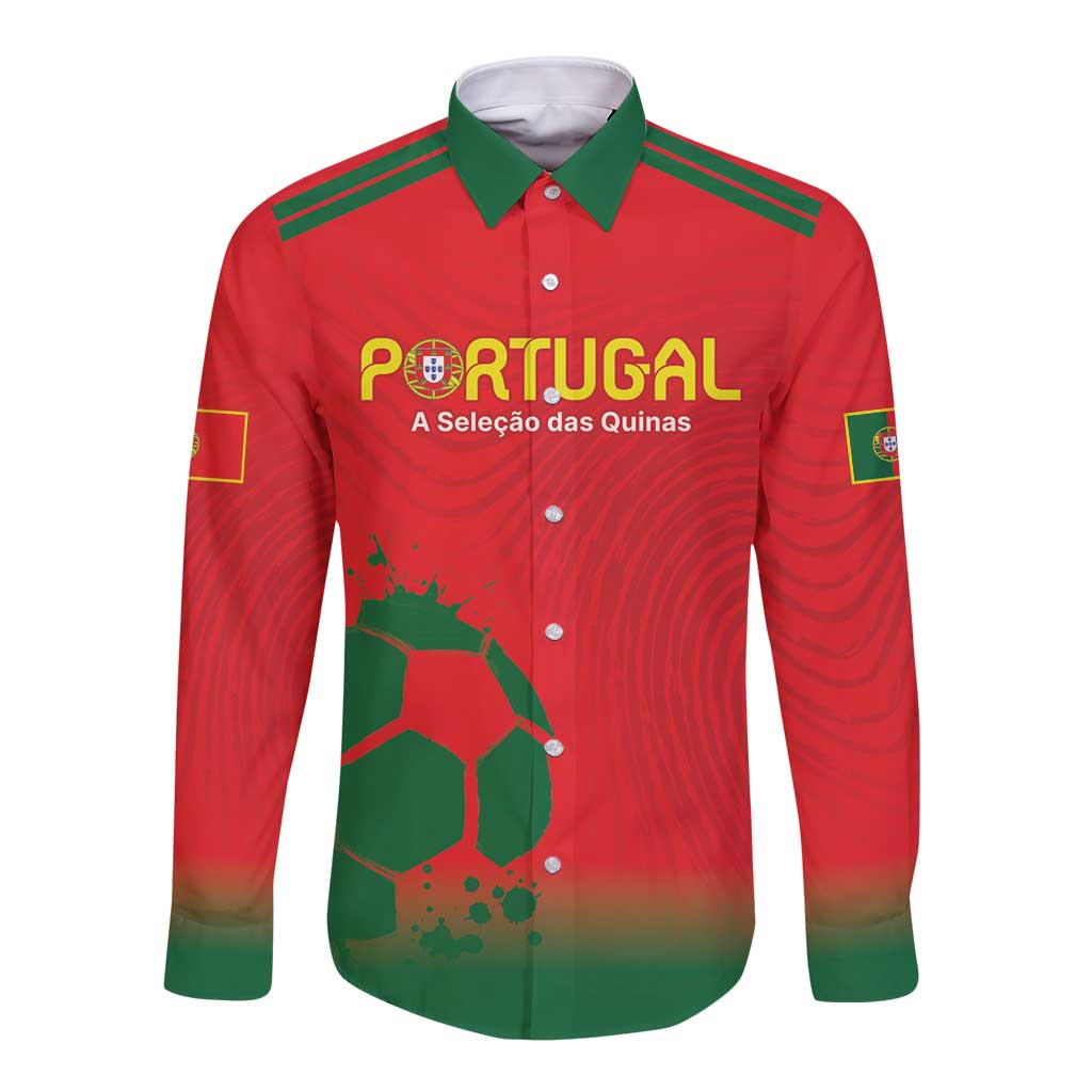 Red long-sleeve button football shirt with green collar and Portugal crest front design