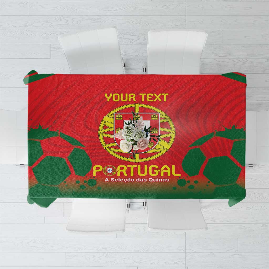 Portugal football tablecloth spread out flat with red crest text and green soccer shapes