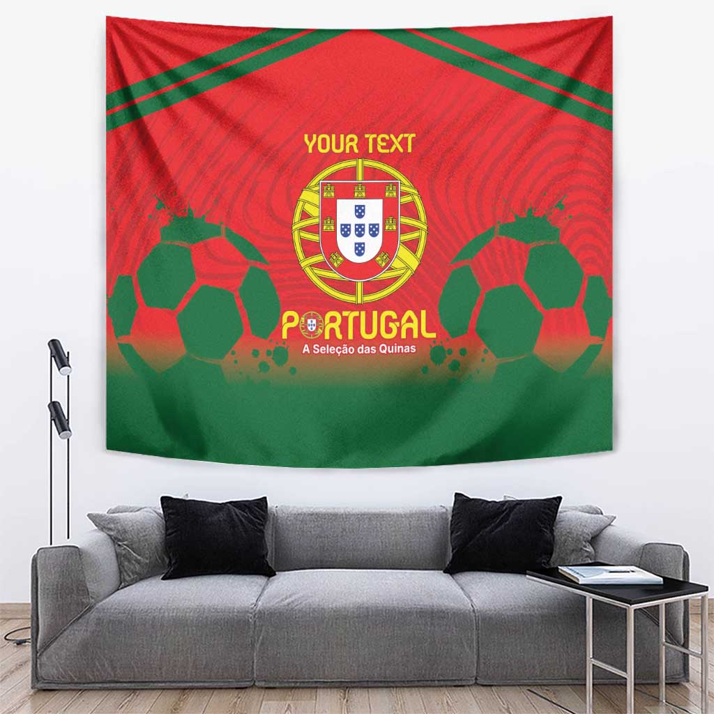 Red and green Portugal football tapestry featuring crest, soccer balls, and custom text