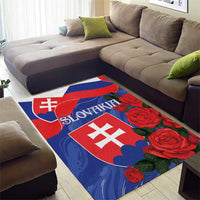 Slovakia flag themed area rug with bold red and blue panels, white emblem, red roses