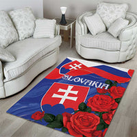 Rectangular Slovakia flag area rug with white emblem and red roses on blue field