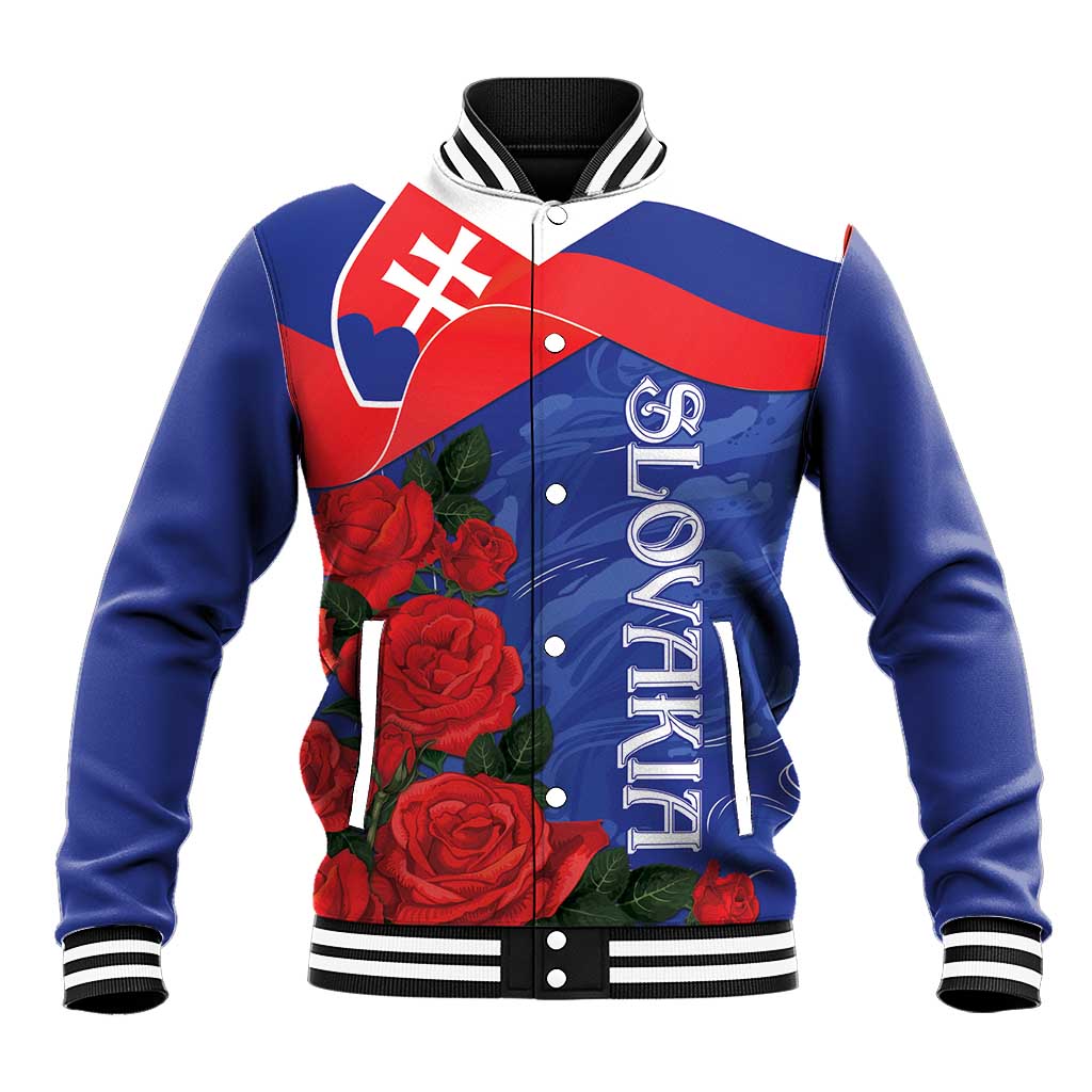 Blue baseball jacket with Slovakia flag patch, red roses, and SLOVAKIA text on front
