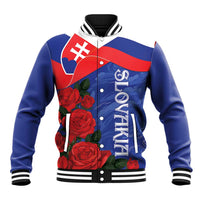Blue baseball jacket with Slovakia flag patch, red roses, and SLOVAKIA text on front