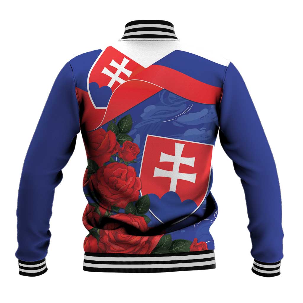 Blue baseball jacket back with Slovakia flag design, red roses, and striped collar cuffs