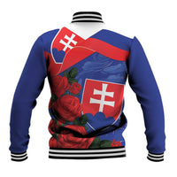 Blue baseball jacket back with Slovakia flag design, red roses, and striped collar cuffs