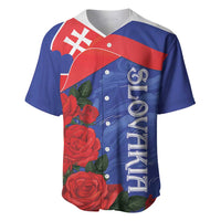 Blue baseball jersey with Slovakia flag print, red roses, and vertical lettering