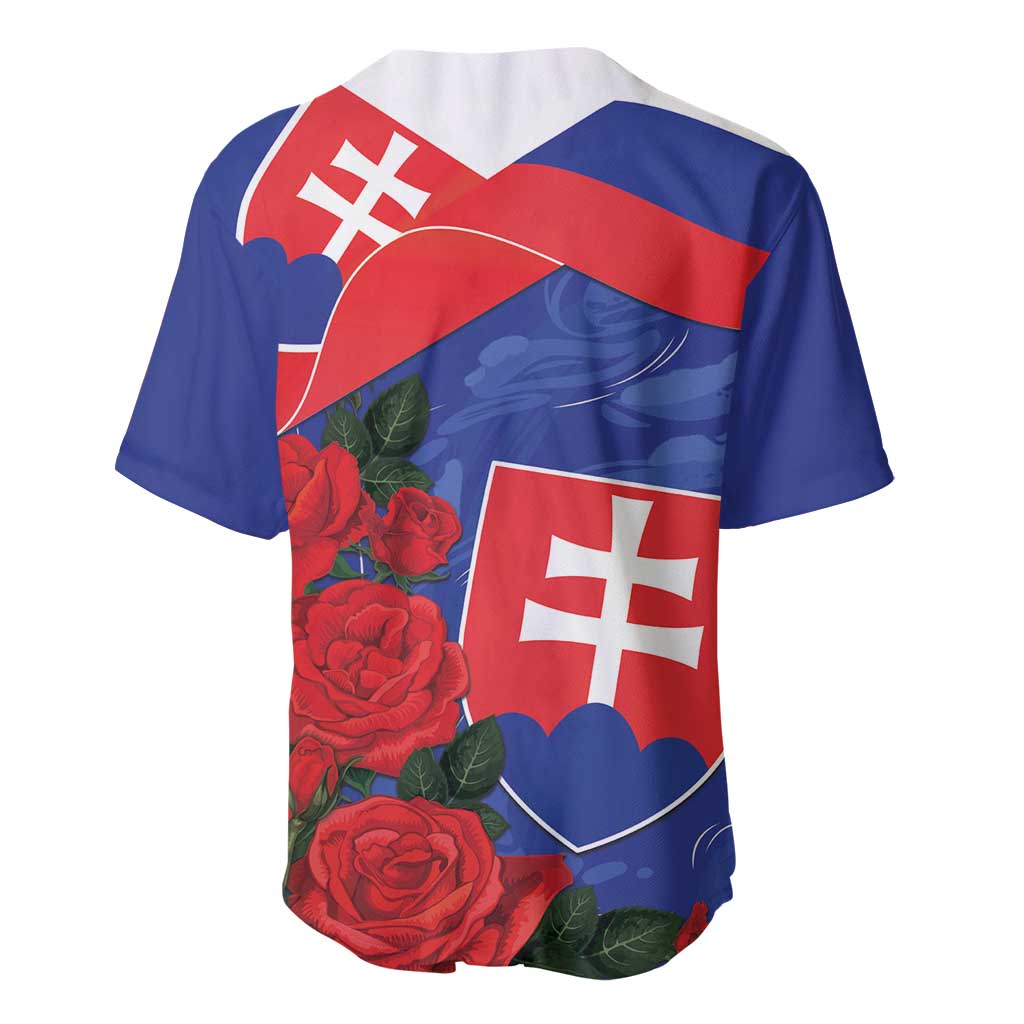 Blue baseball jersey with Slovakia flag, red roses, heart badge, and centered emblem