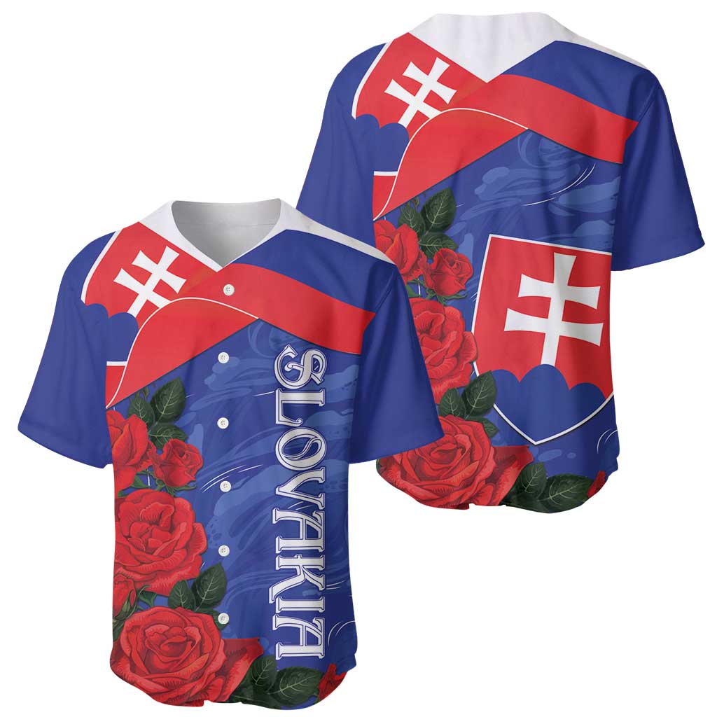 Pair of blue baseball jerseys with Slovakia flag, red roses, and vertical sleeve text
