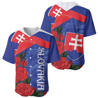 Pair of blue baseball jerseys with Slovakia flag, red roses, and vertical sleeve text