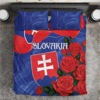 Slovakia-themed bedding set with blue waves, red roses, flag shield on duvet and pillows