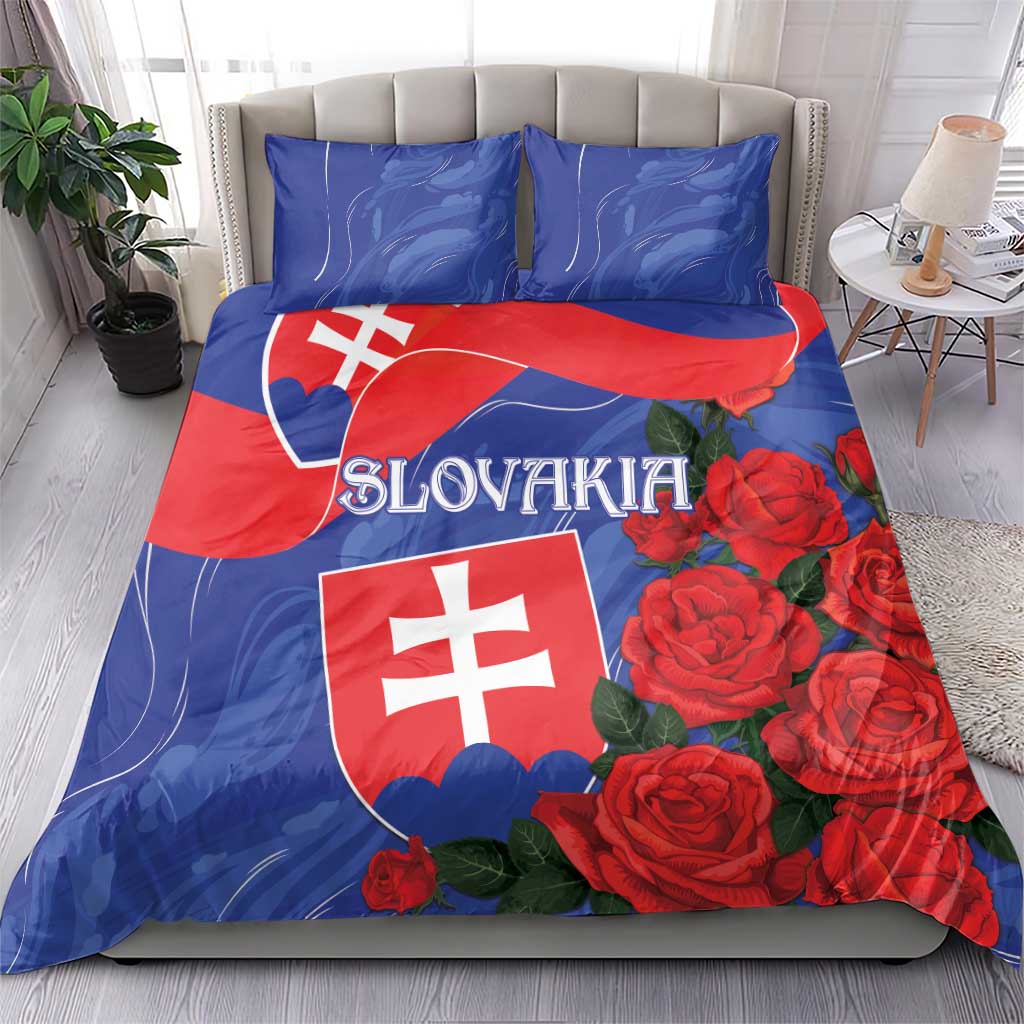 Rose and Slovakia flag bedding set with two blue pillowcases and red/blue duvet on bed