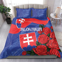 Rose and Slovakia flag bedding set with two blue pillowcases and red/blue duvet on bed