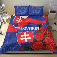 Slovakia rose bedding set featuring blue wave pattern, red roses, and flag shield on duvet