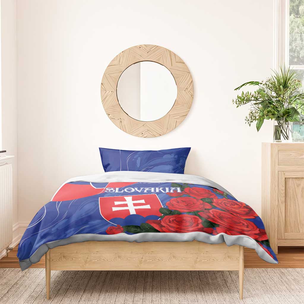 Slovakia flag rose bedding set with blue pillowcase tops and red/blue flag-shield duvet