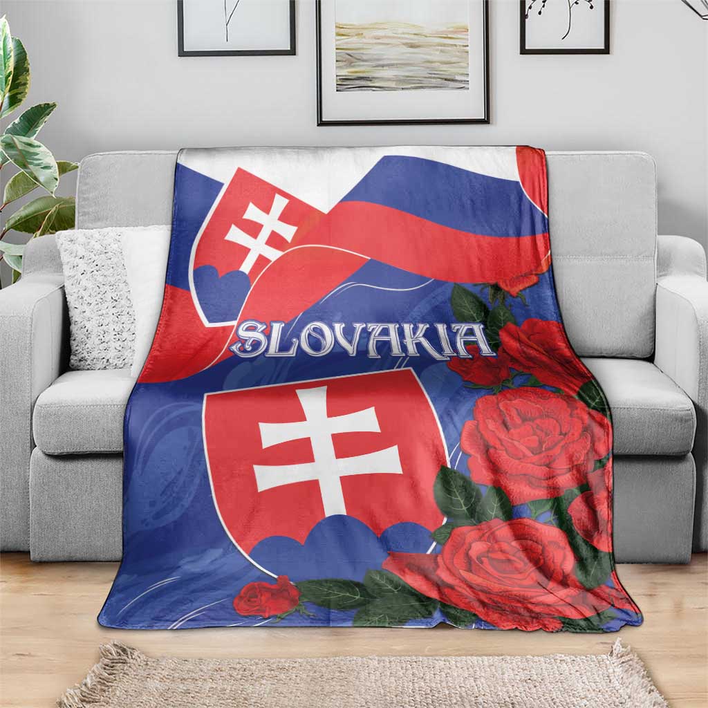 Slovakia flag blanket with red roses and blue flag field, draped over a sofa