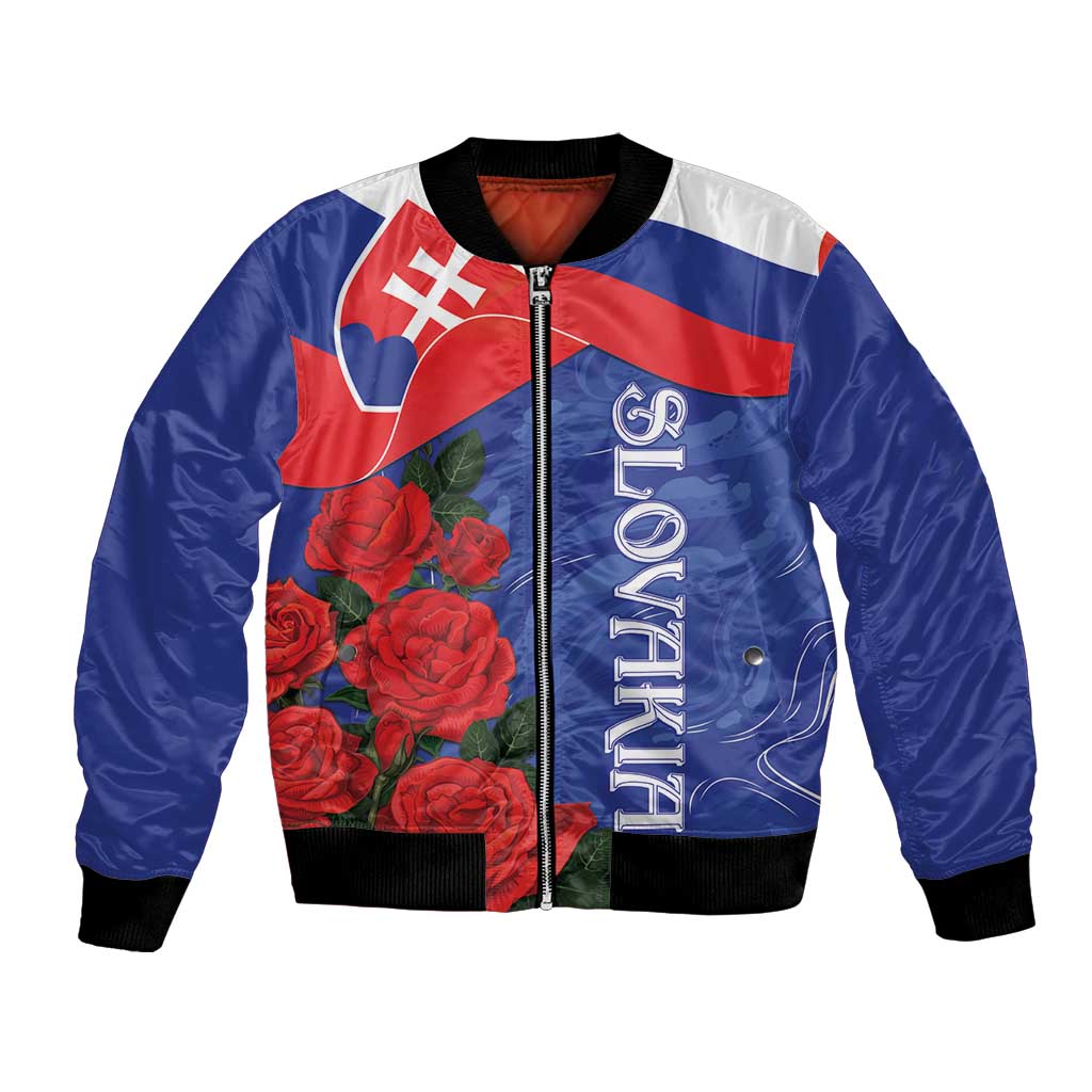 Unisex blue bomber jacket with zip, Slovak flag design and red rose artwork, black rib cuffs