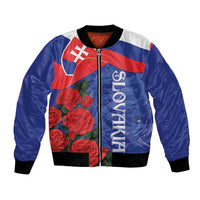 Unisex blue bomber jacket with zip, Slovak flag design and red rose artwork, black rib cuffs
